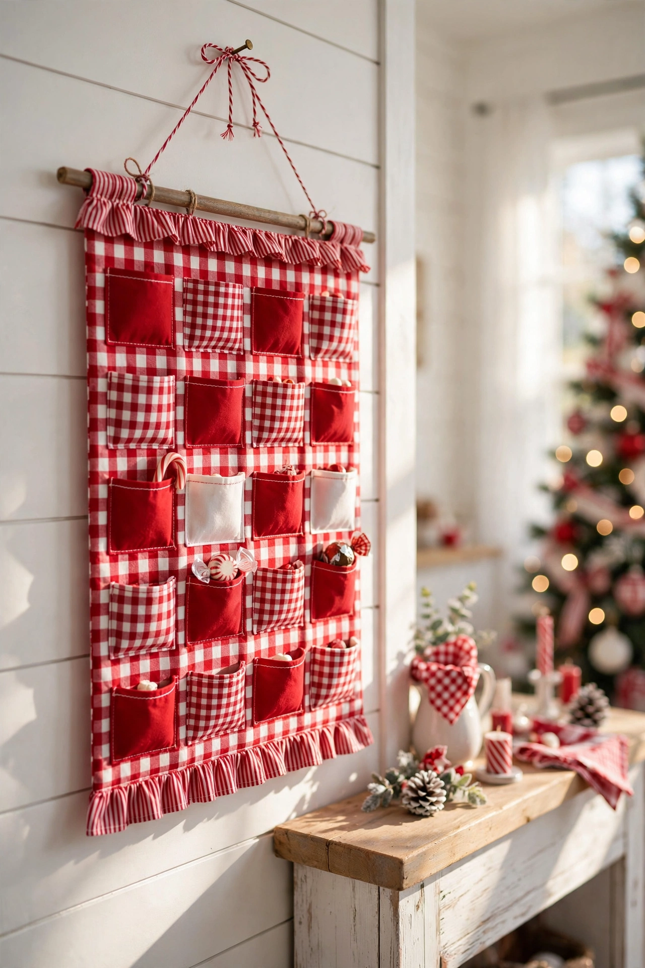 red and white advent calendar mantel christmas countdown