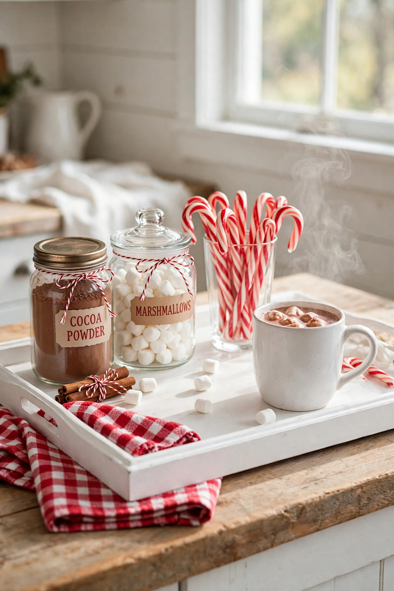 hot cocoa station red white mugs candy canes christmas