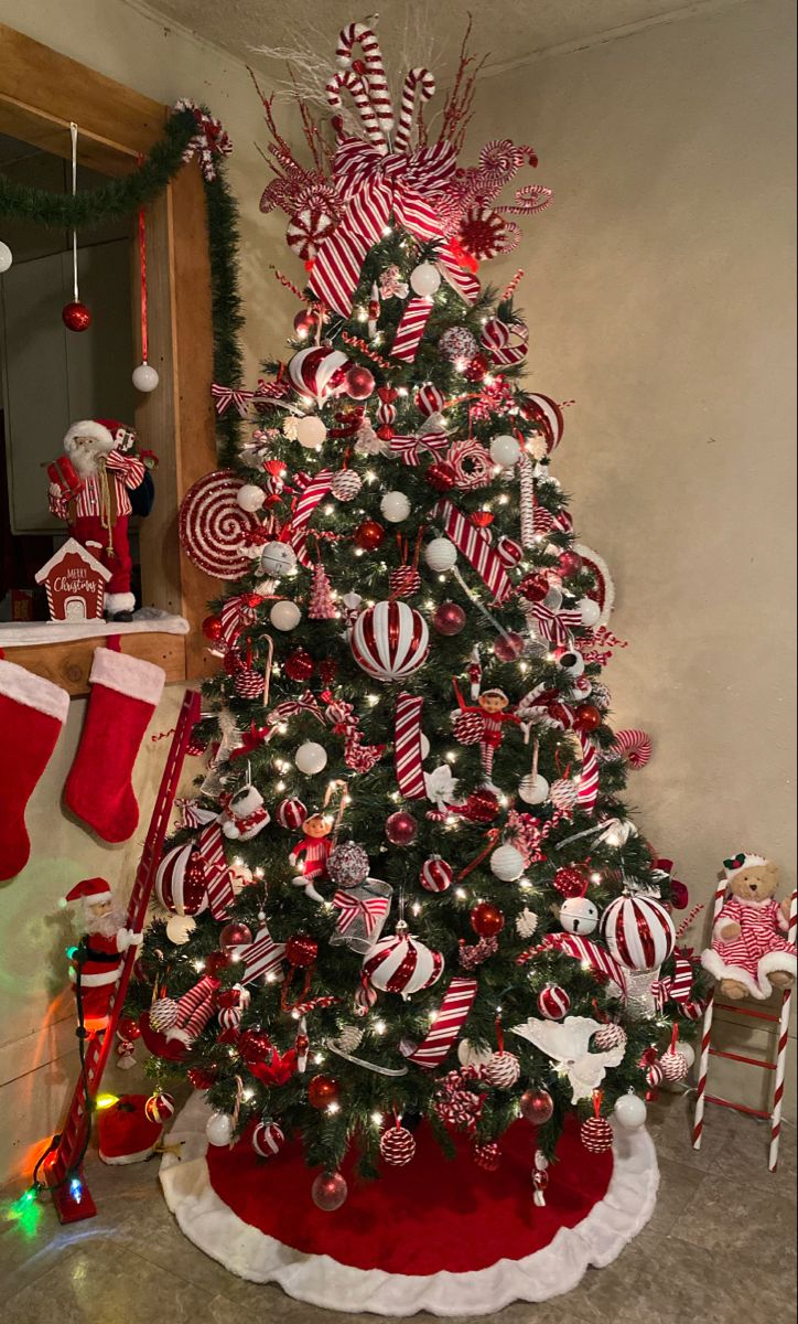 red and white striped ribbon christmas tree peppermint decor