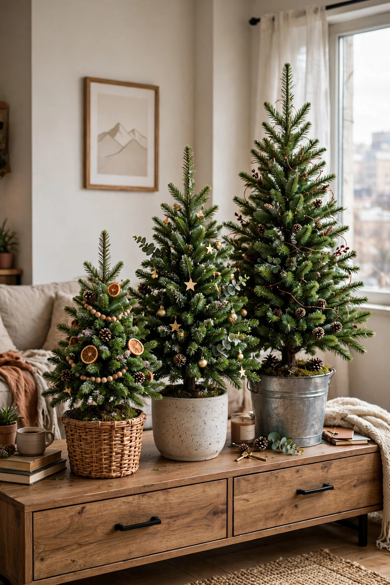 mini christmas trees set studio apartment