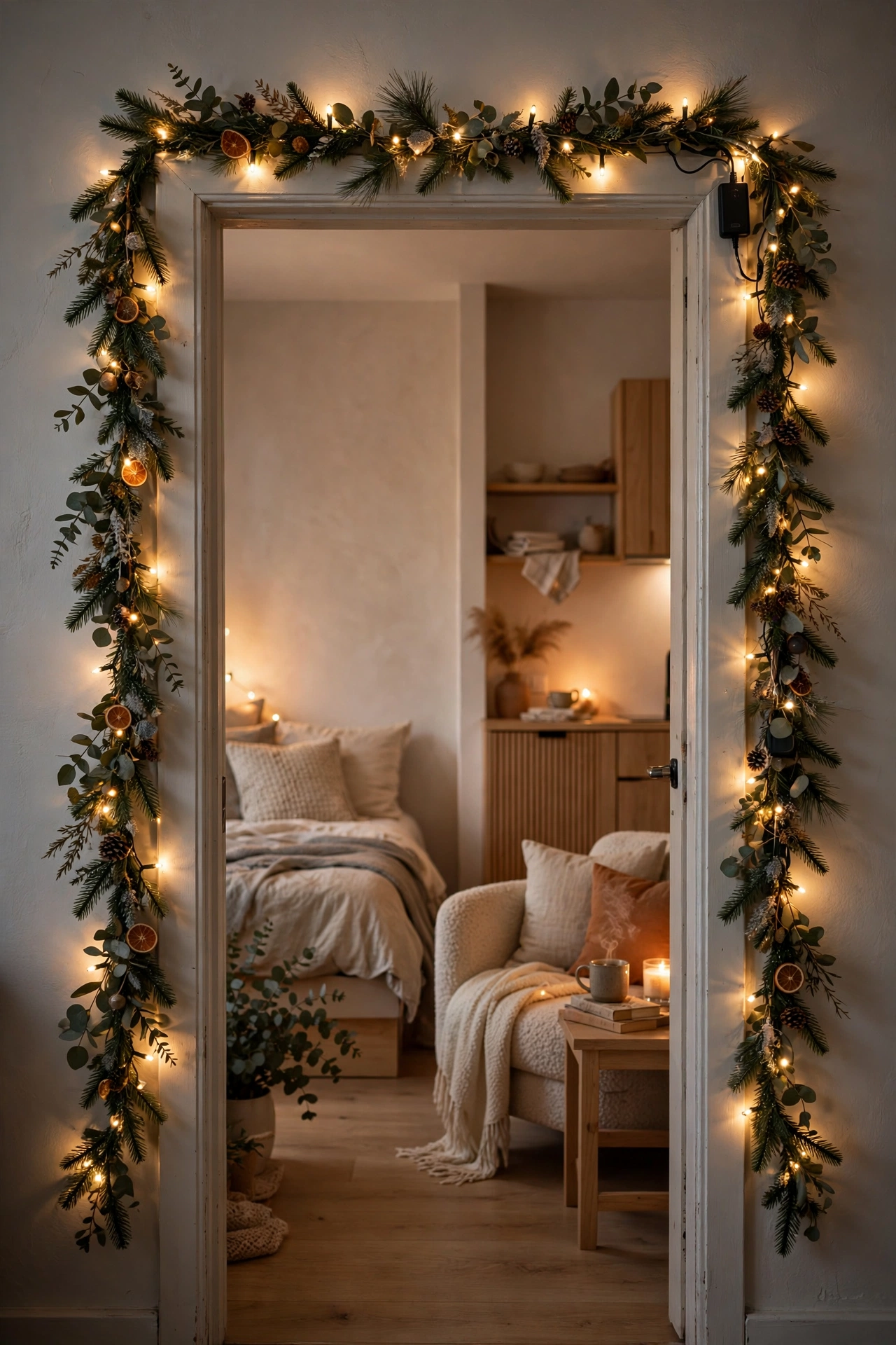 christmas garland doorway studio apartment