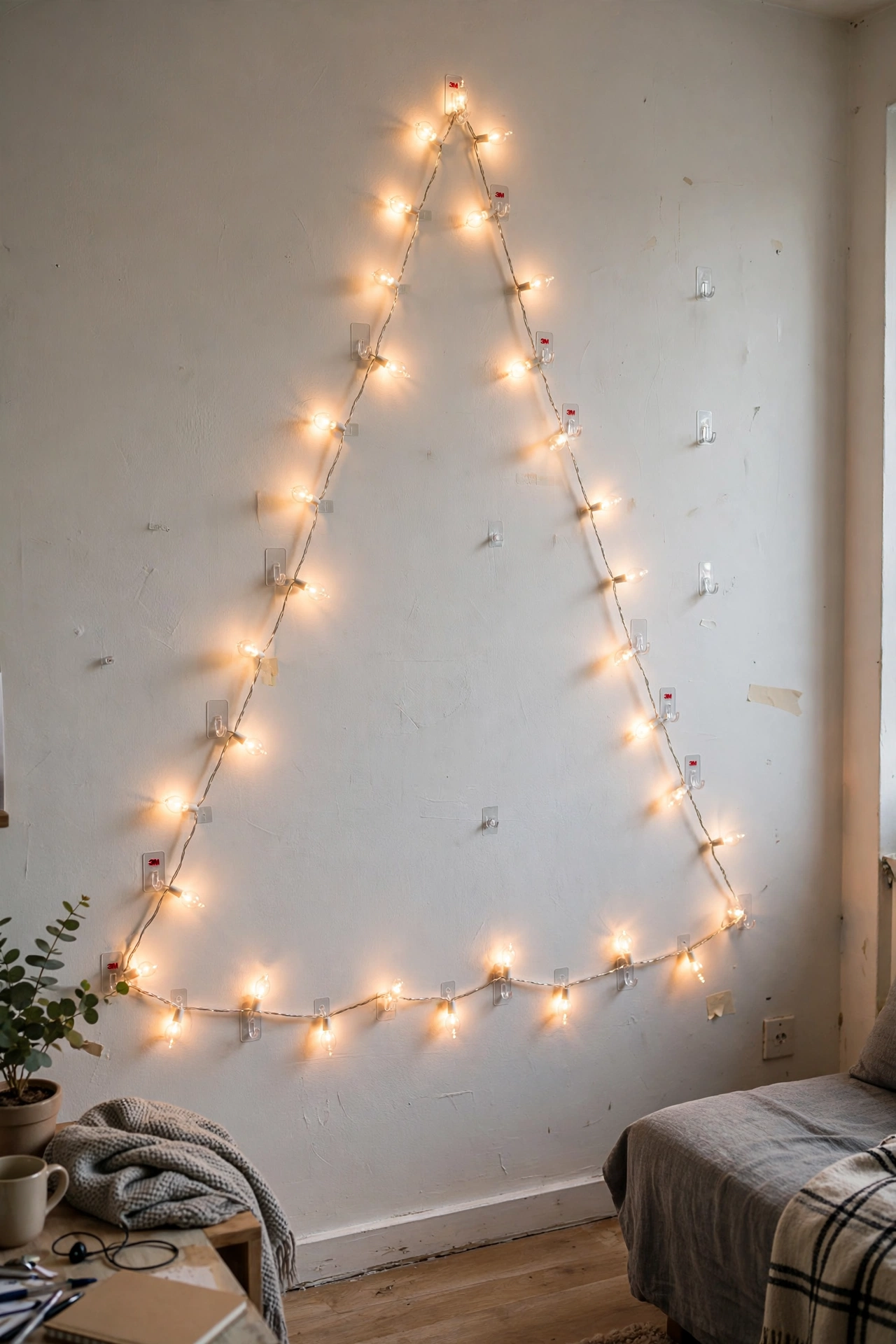 christmas string lights wall studio apartment