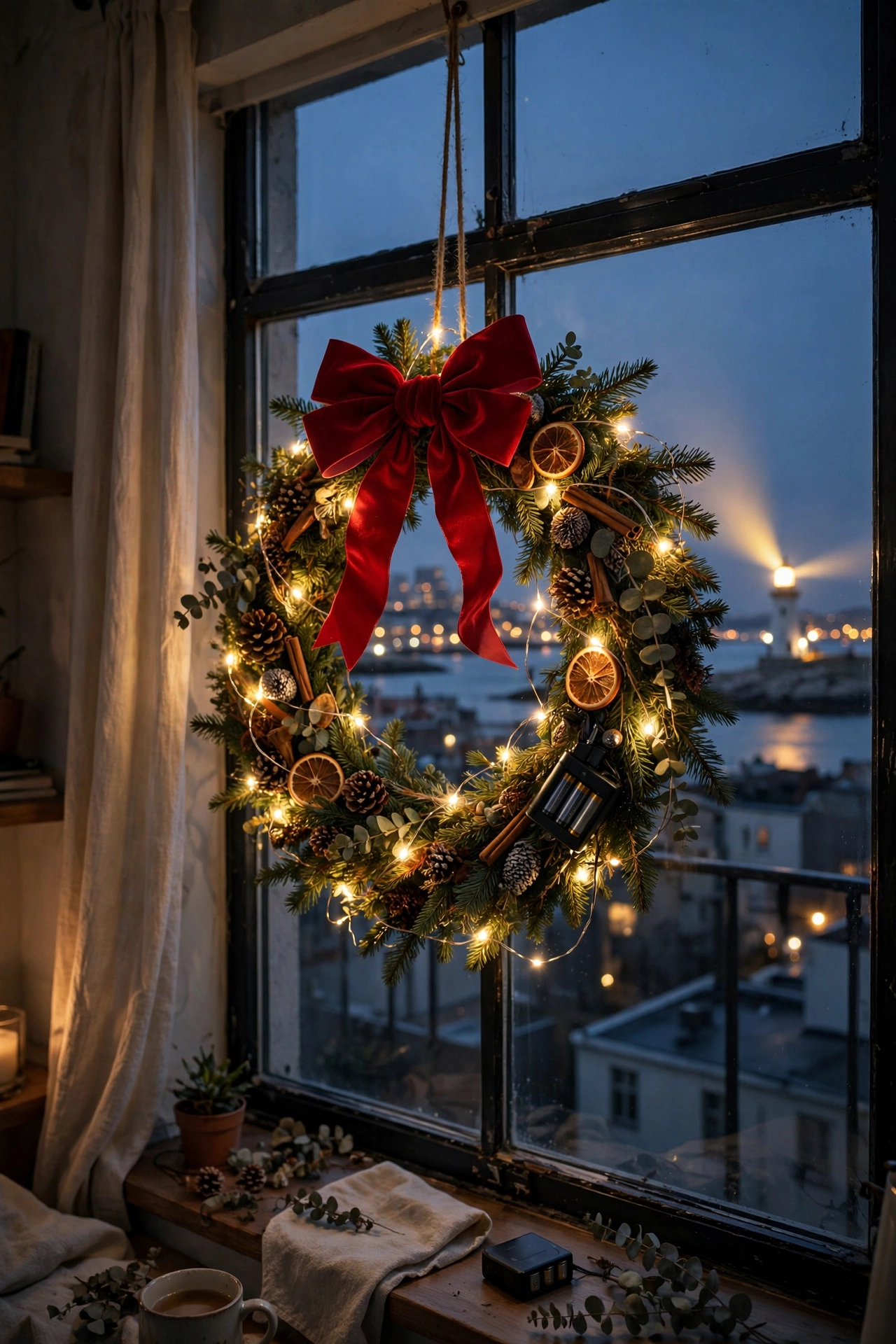 christmas window wreath studio apartment