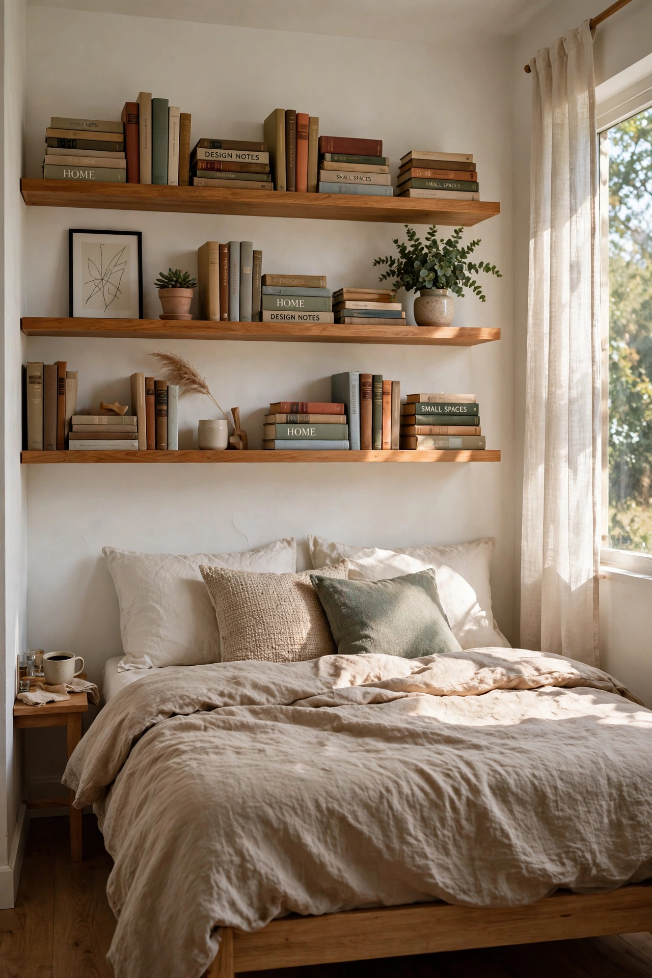 floating shelves above bed small bedroom storage