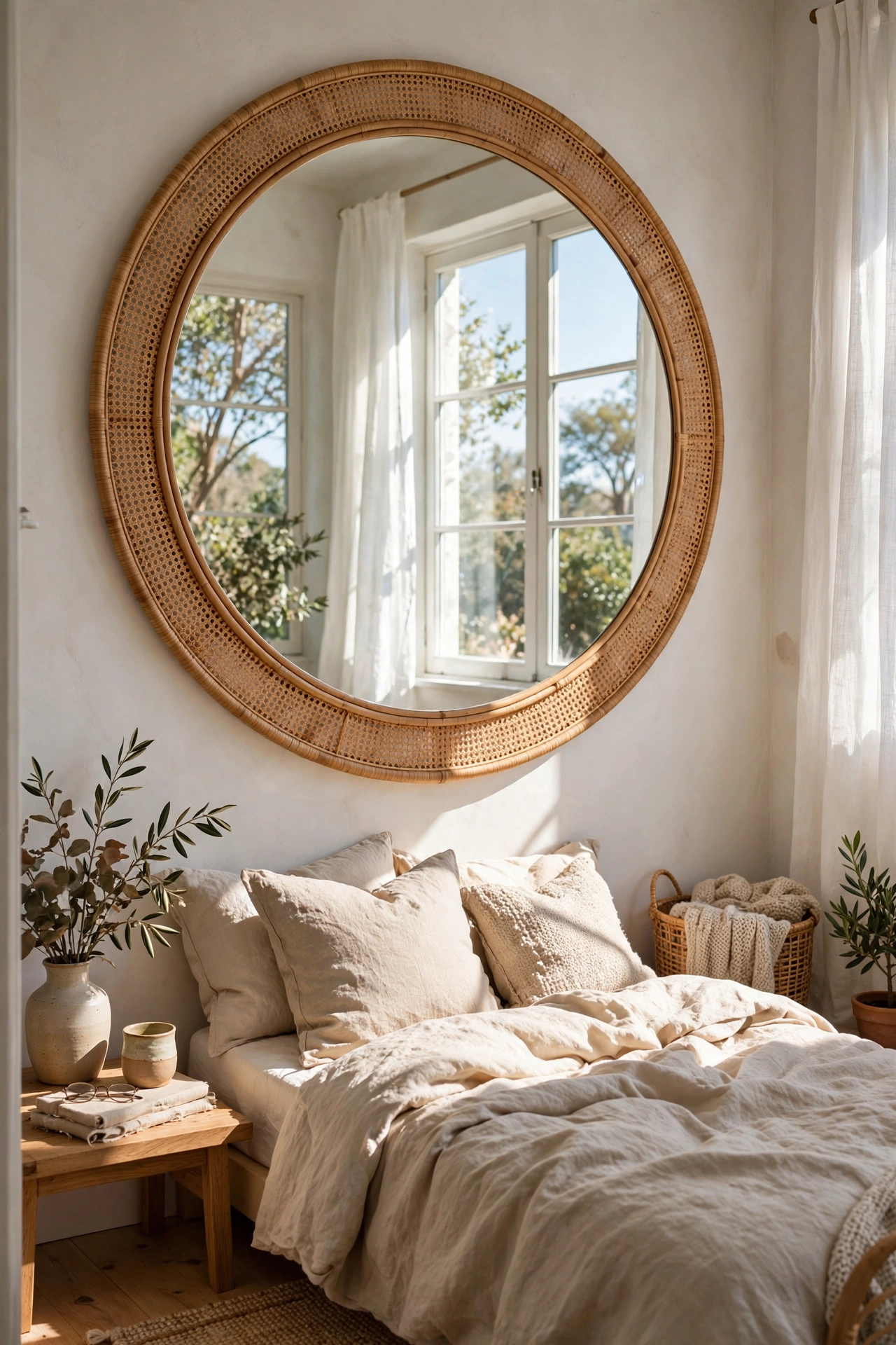 large mirror reflecting window light small bedroom