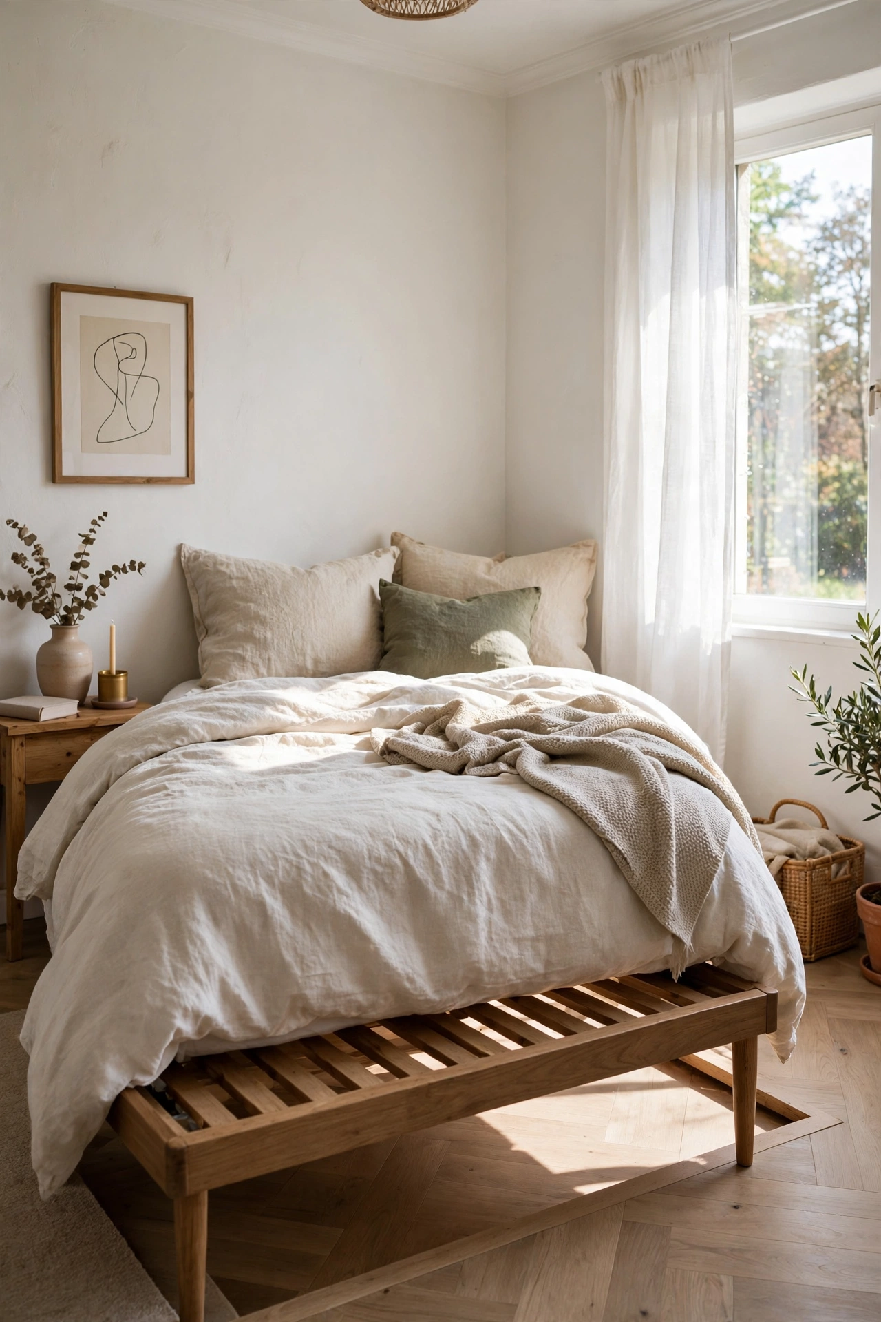 bed frame visible legs airy small bedroom