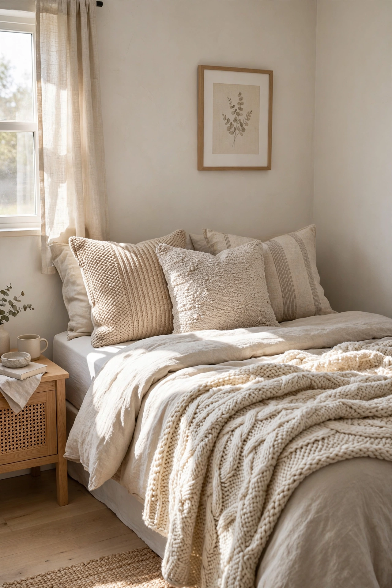 neutral bedding textured throw pillows small bedroom
