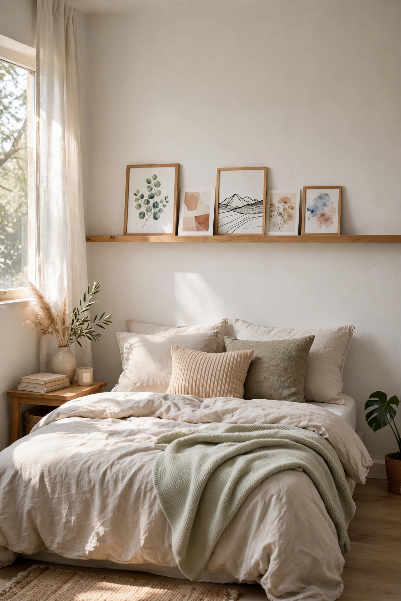 picture ledge art prints above bed small bedroom
