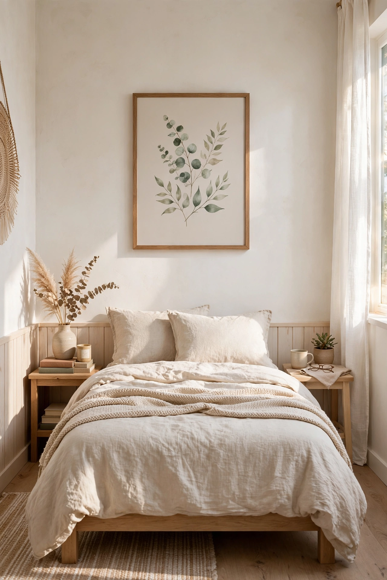 framed art above bed eye level small bedroom