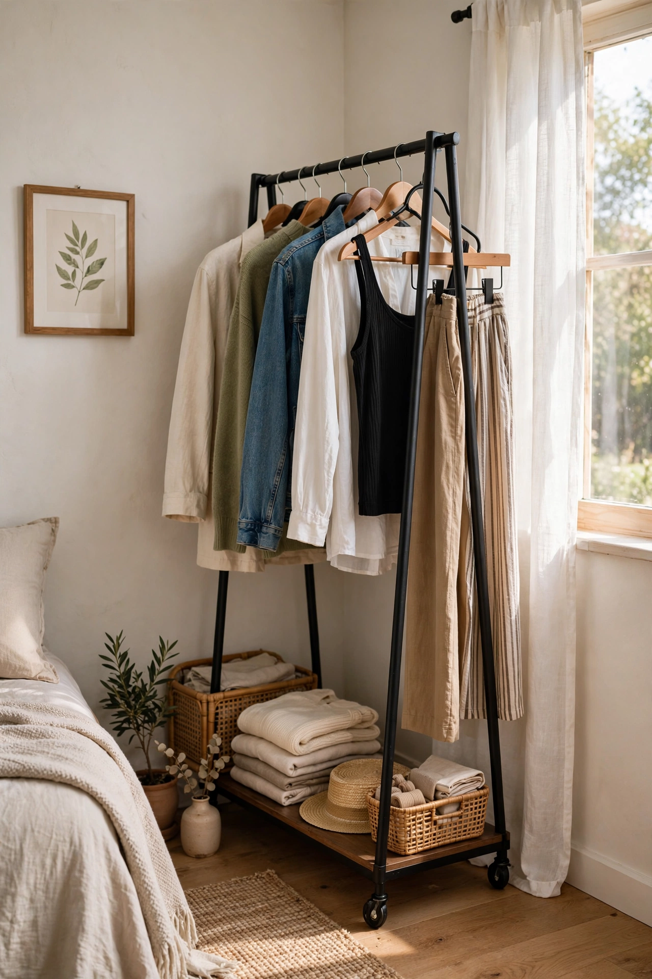 open clothing rack curated small bedroom corner