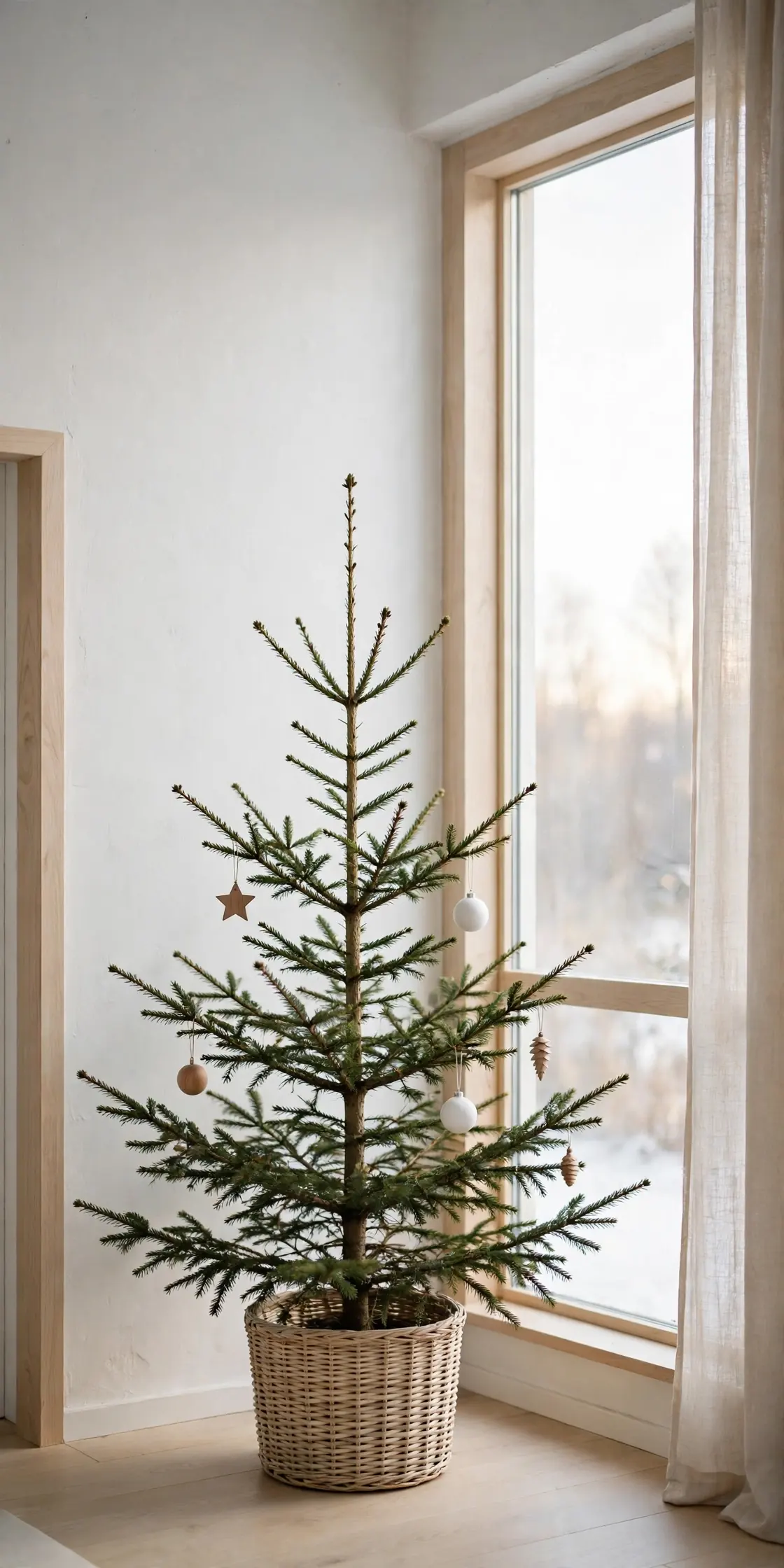 scandinavian christmas tree sparse white ornaments