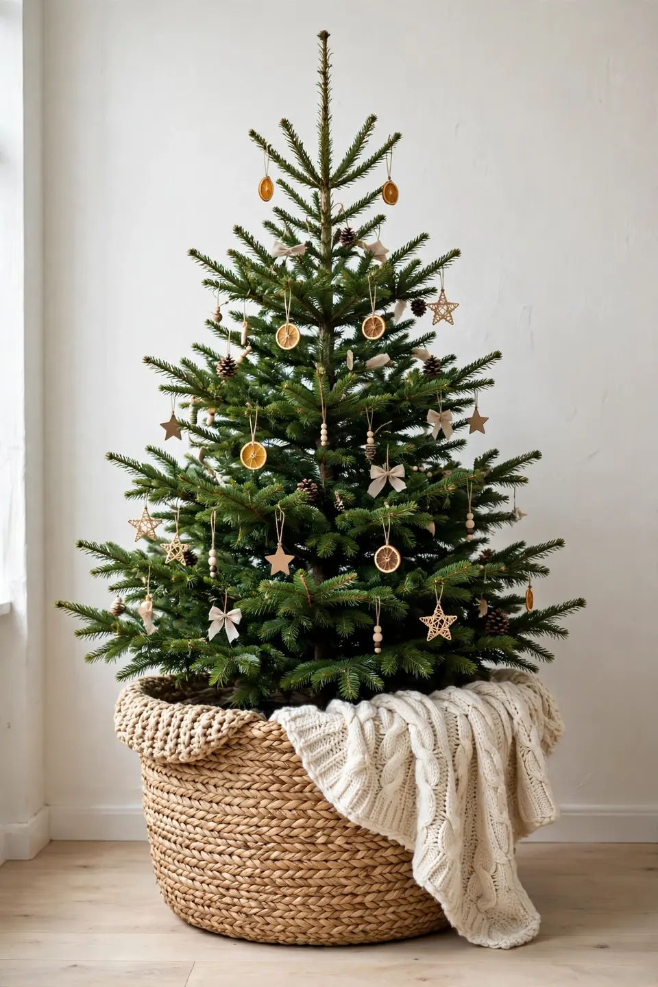scandinavian christmas tree in woven basket