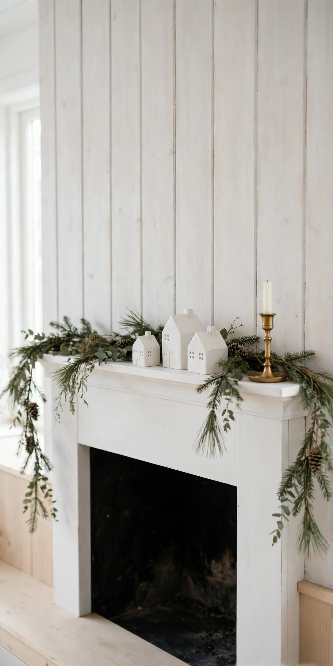 scandinavian christmas mantel garland ceramic houses