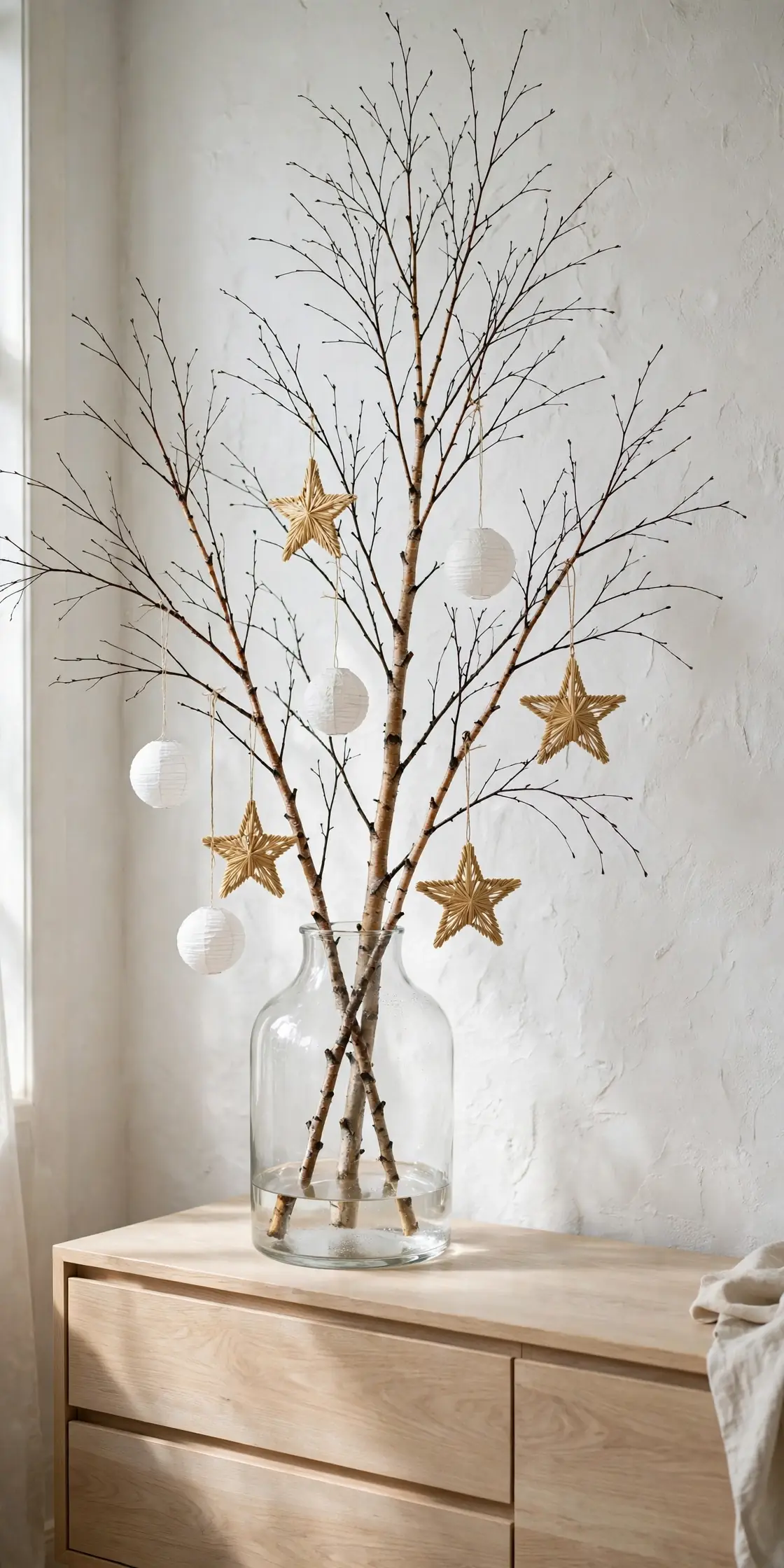 scandinavian christmas decor branch vase paper baubles