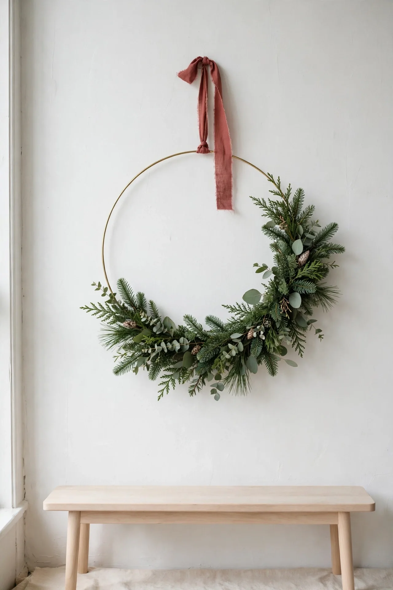 scandinavian christmas wreath half hoop red ribbon