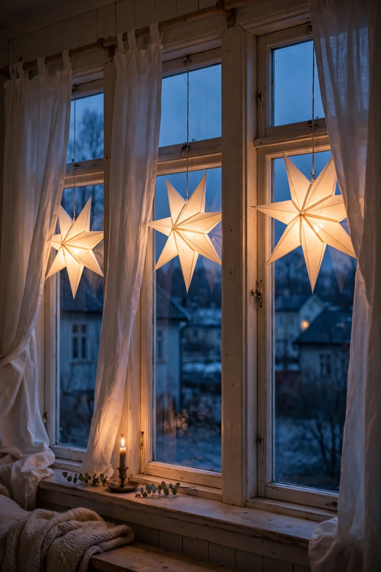 scandinavian christmas paper star lanterns window