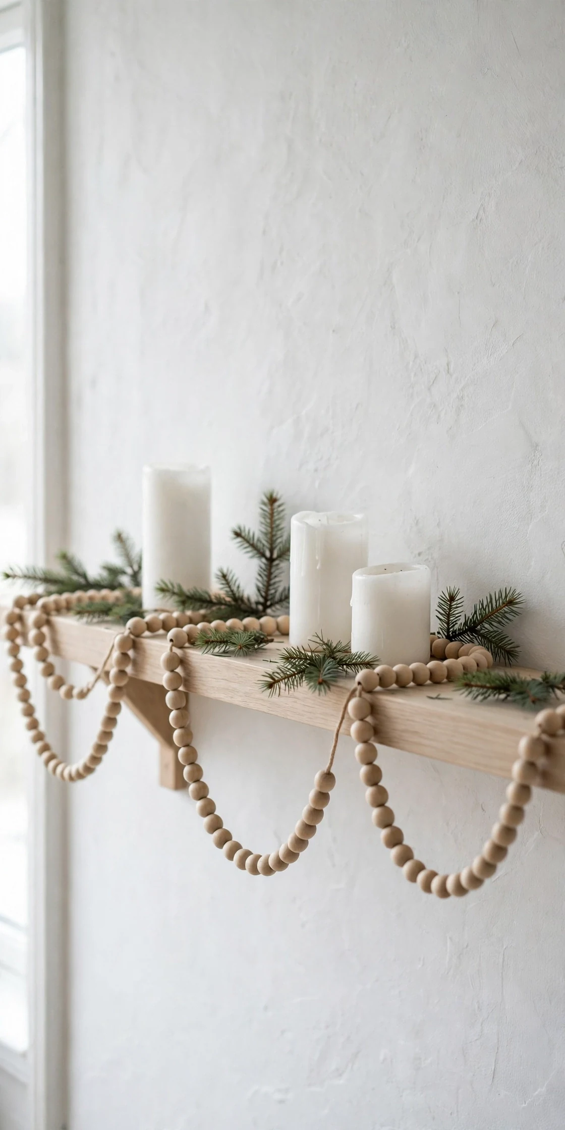 scandinavian christmas wooden bead garland shelf