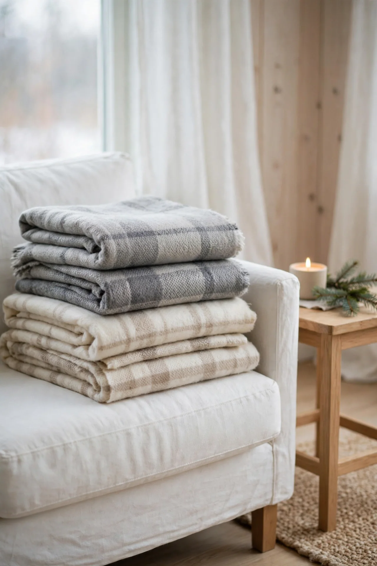 scandinavian christmas wool blankets cream grey sofa