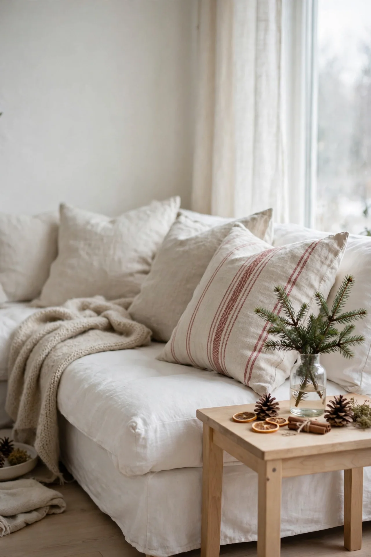 scandinavian christmas cushions linen red ticking stripe