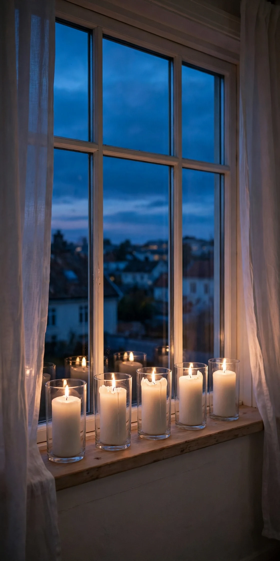 scandinavian christmas candles windowsill row dusk