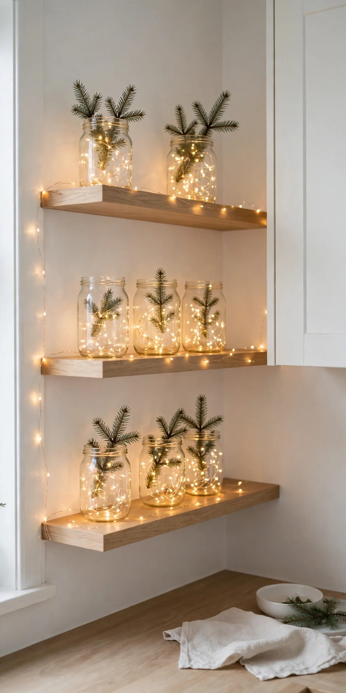 scandinavian christmas fairy lights shelves glass jars