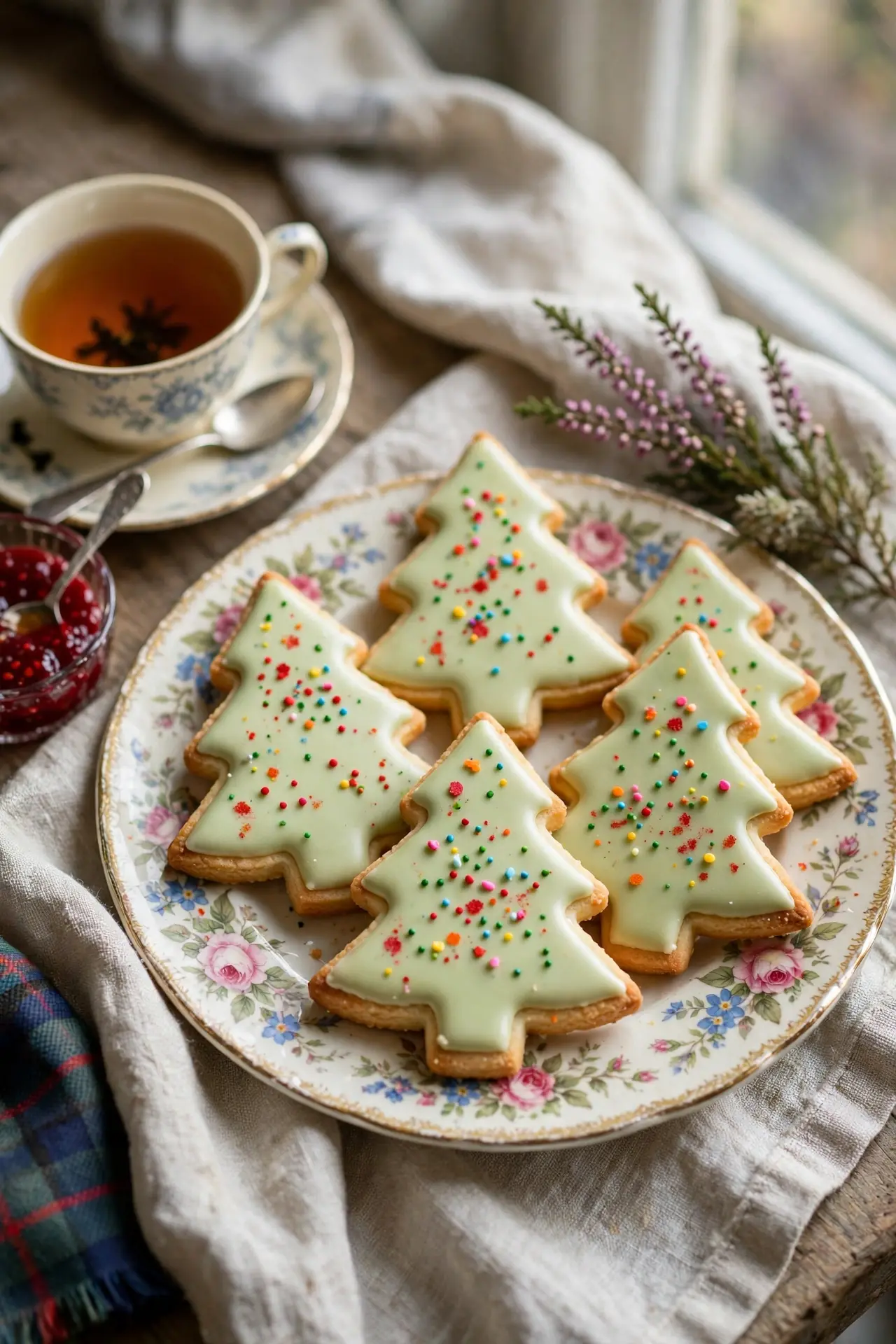 shortbread christmas tree cookies decorated with green icing