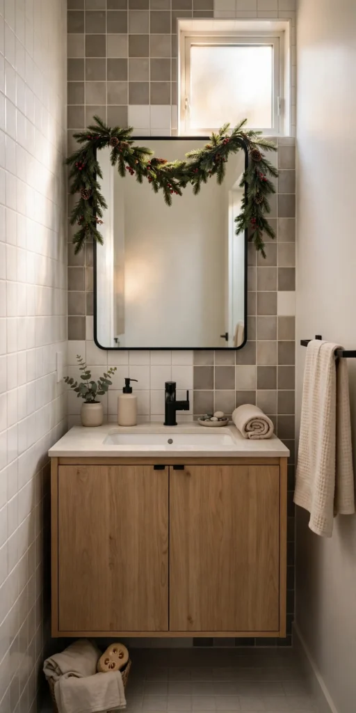 christmas decor for small bathroom garland over mirror