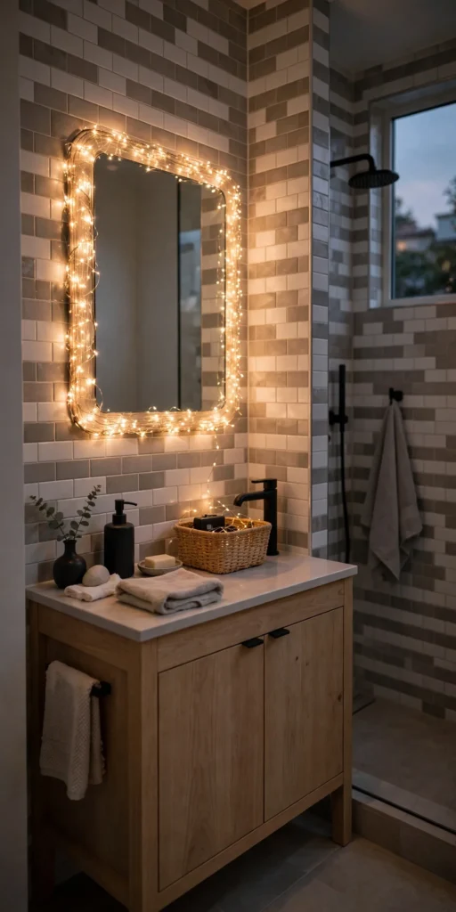 small bathroom christmas decor ideas fairy lights mirror