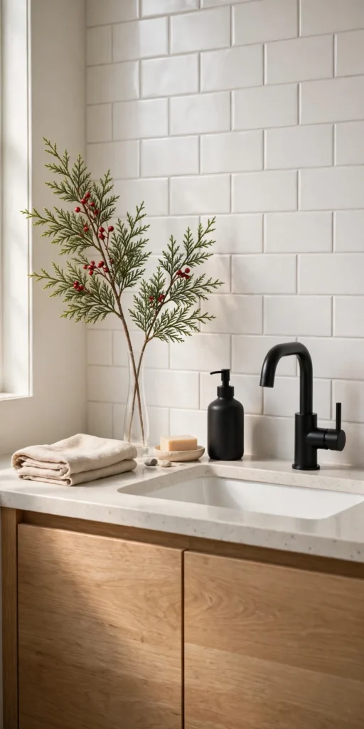 christmas decor for small bathroom evergreen sprigs vase