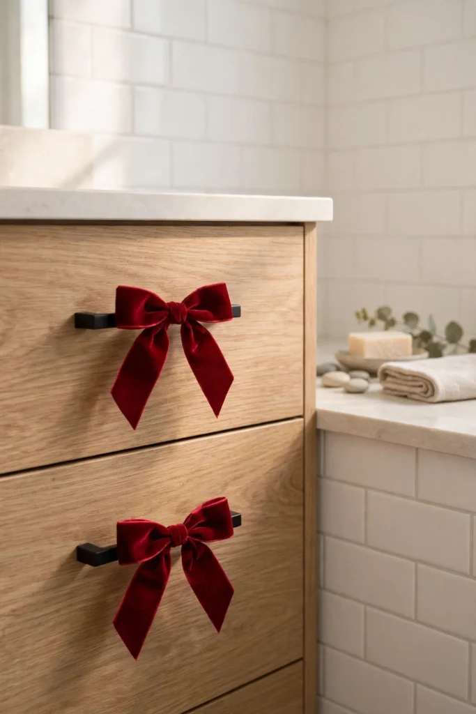 decorating a small bathroom for christmas ribbon bows vanity