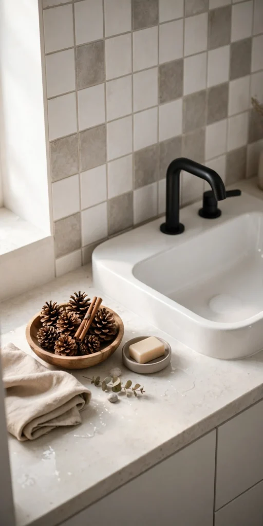 small bathroom christmas decor pinecone bowl cinnamon