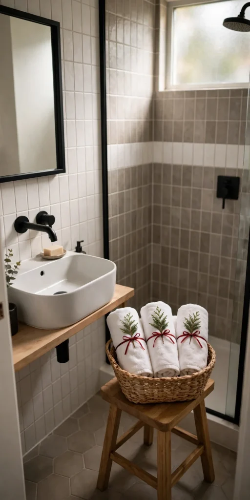 decorating a small bathroom for christmas rolled guest towels basket