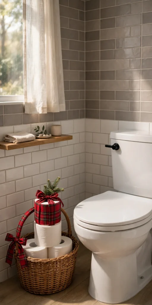 small bathroom christmas decor extra toilet roll basket ribbon