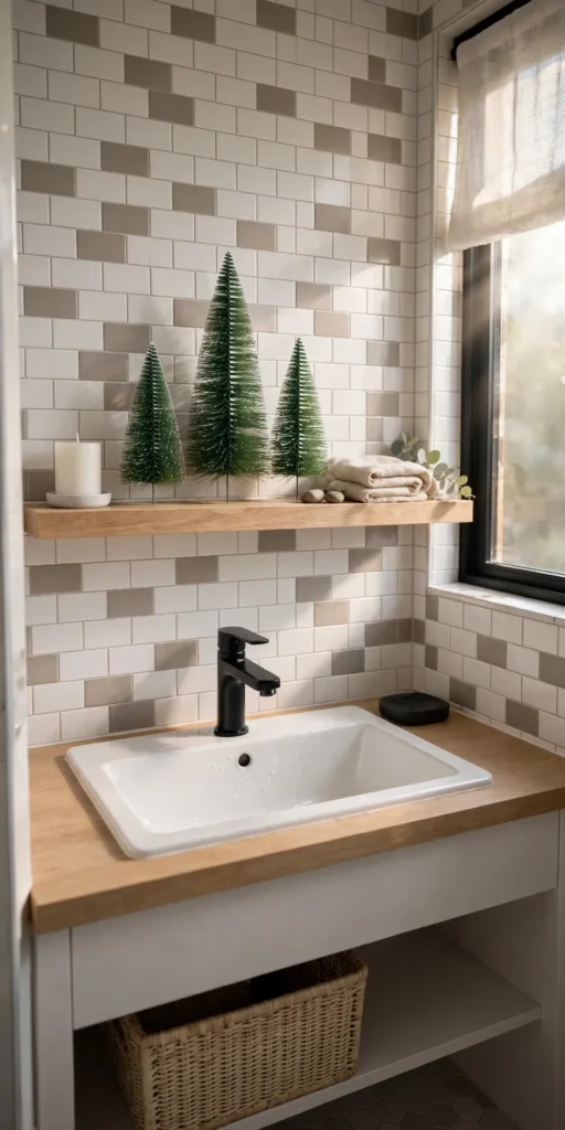 small bathroom christmas decor shelf mini trees candle
