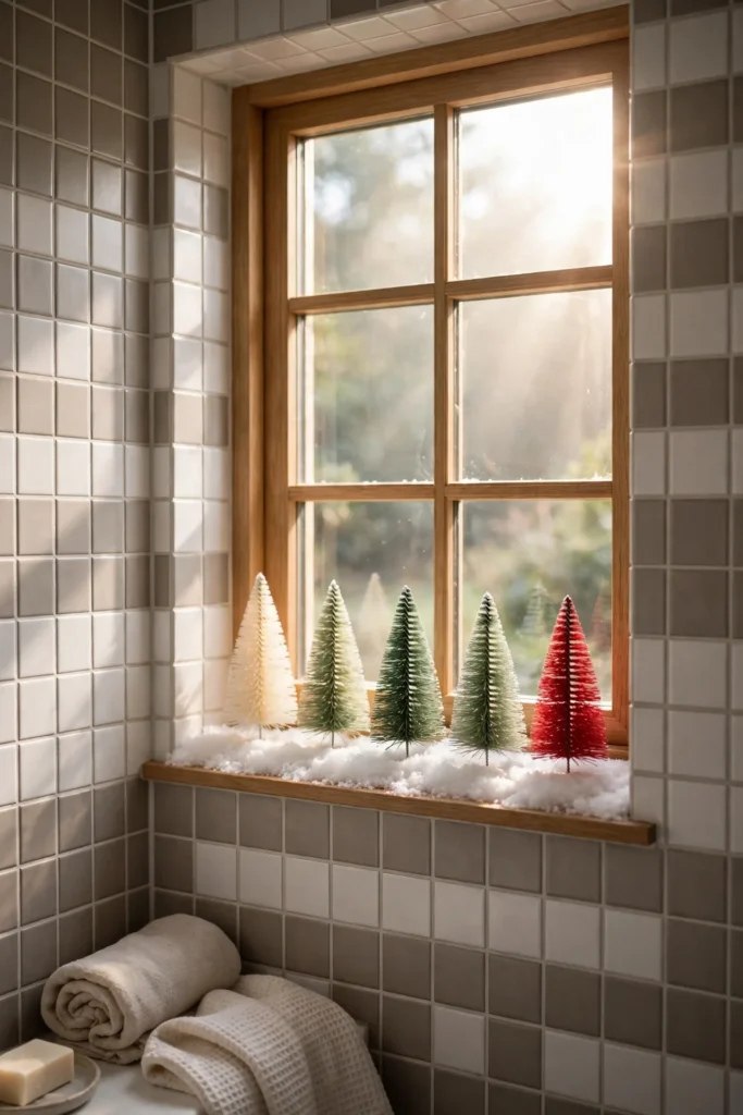 small bathroom christmas decor ideas bottle brush trees windowsill