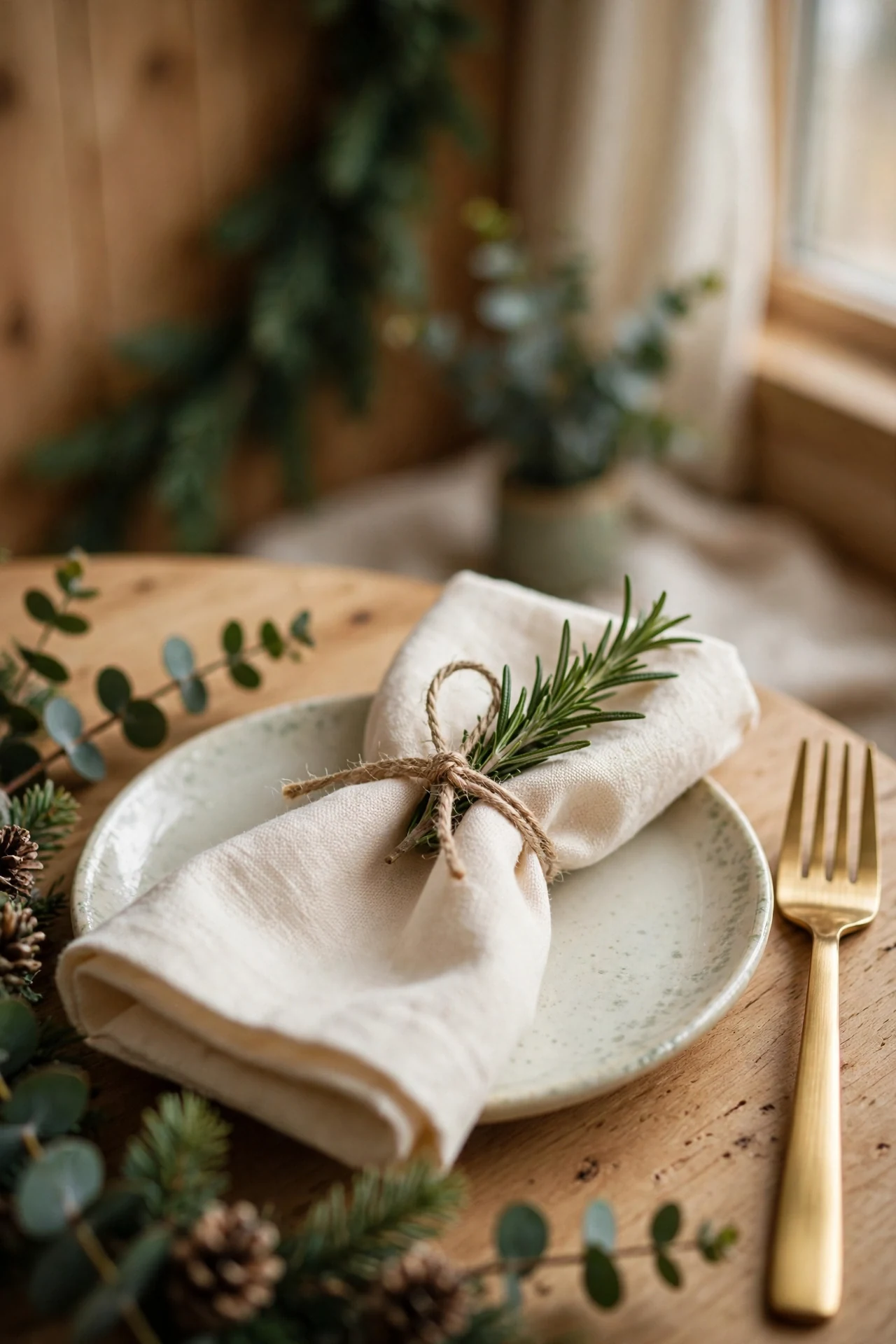 christmas napkins rosemary sprig twine place setting