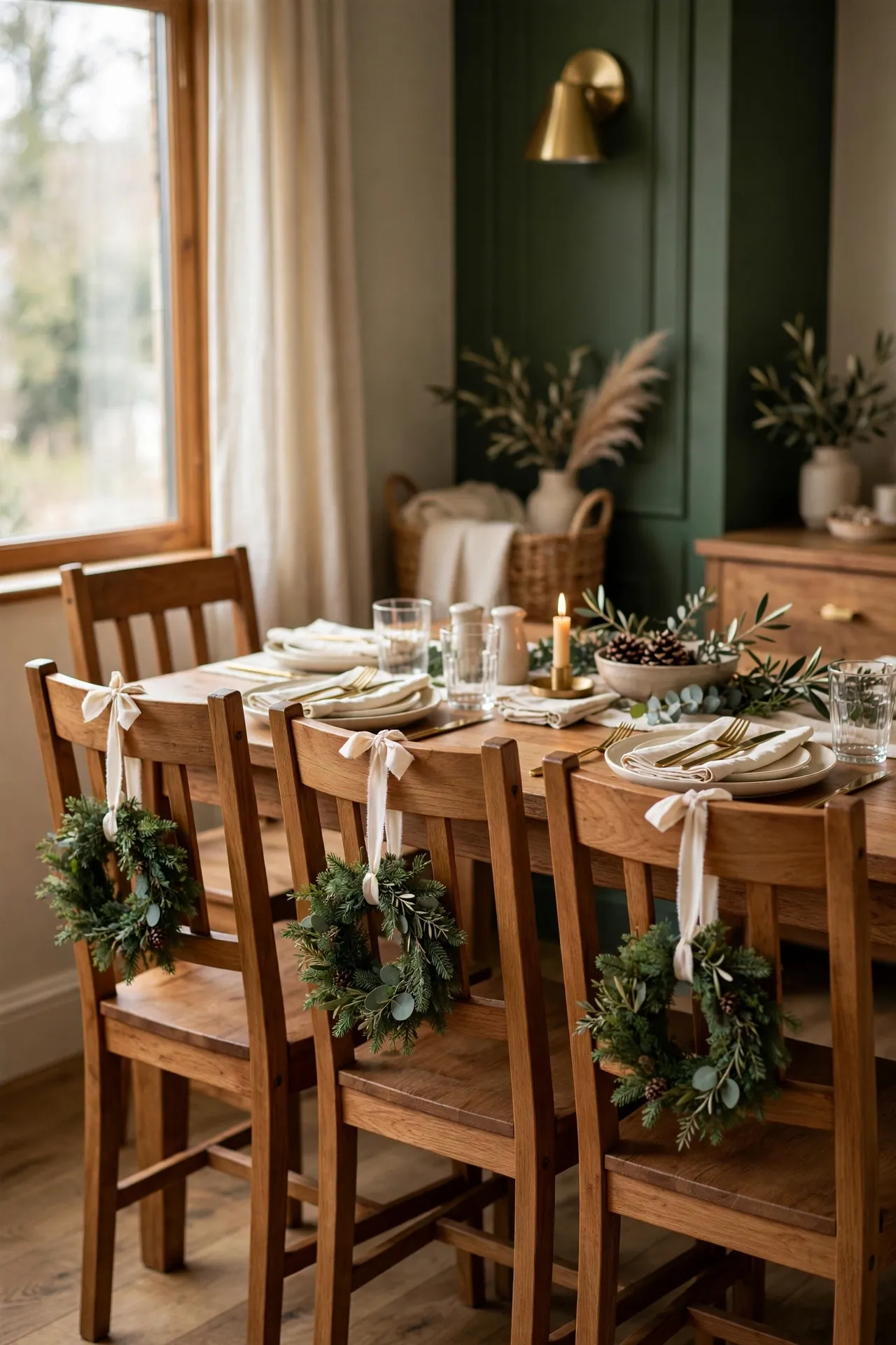 mini wreaths on dining chair backs christmas