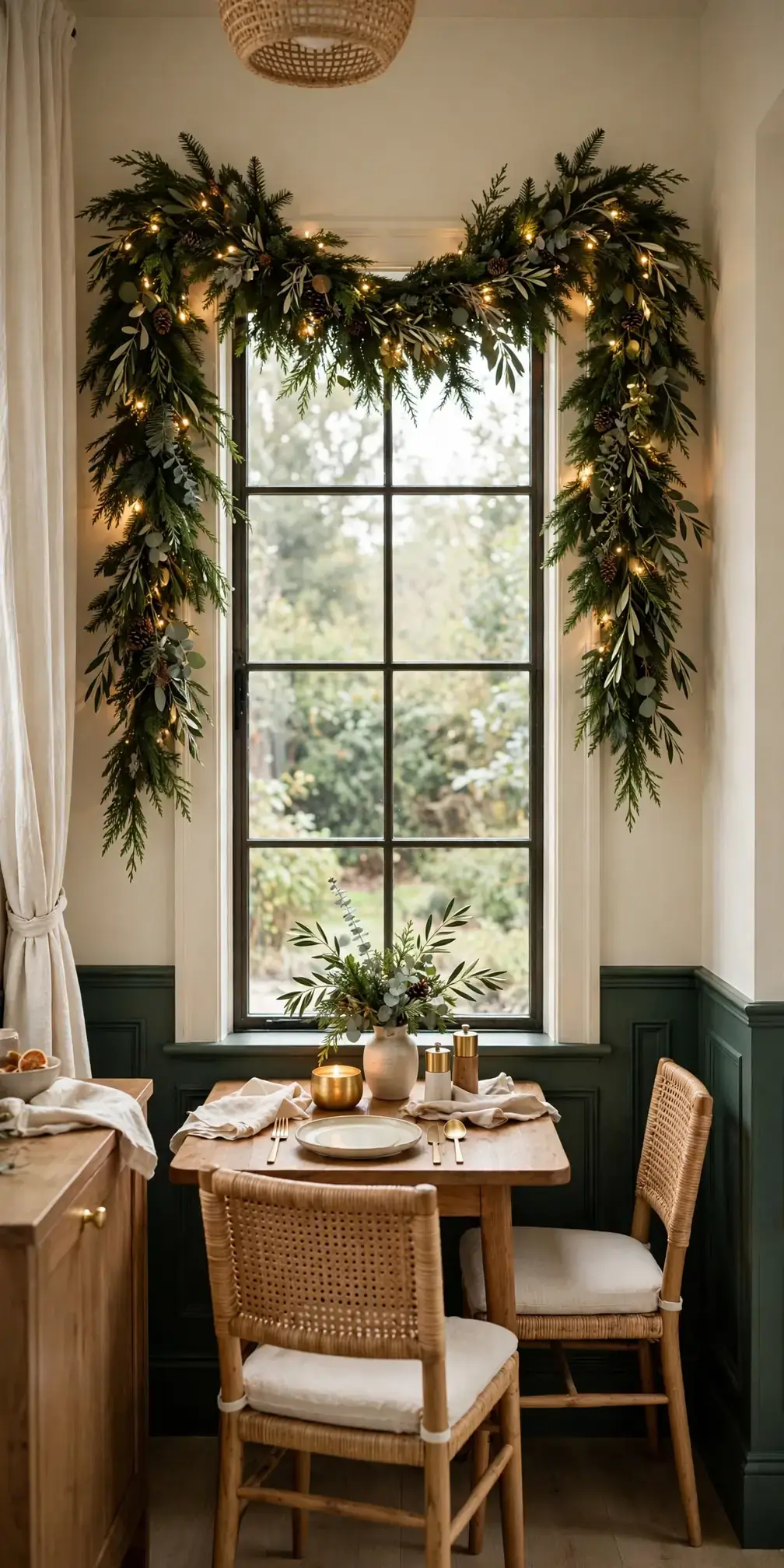 christmas garland over dining room window doorway