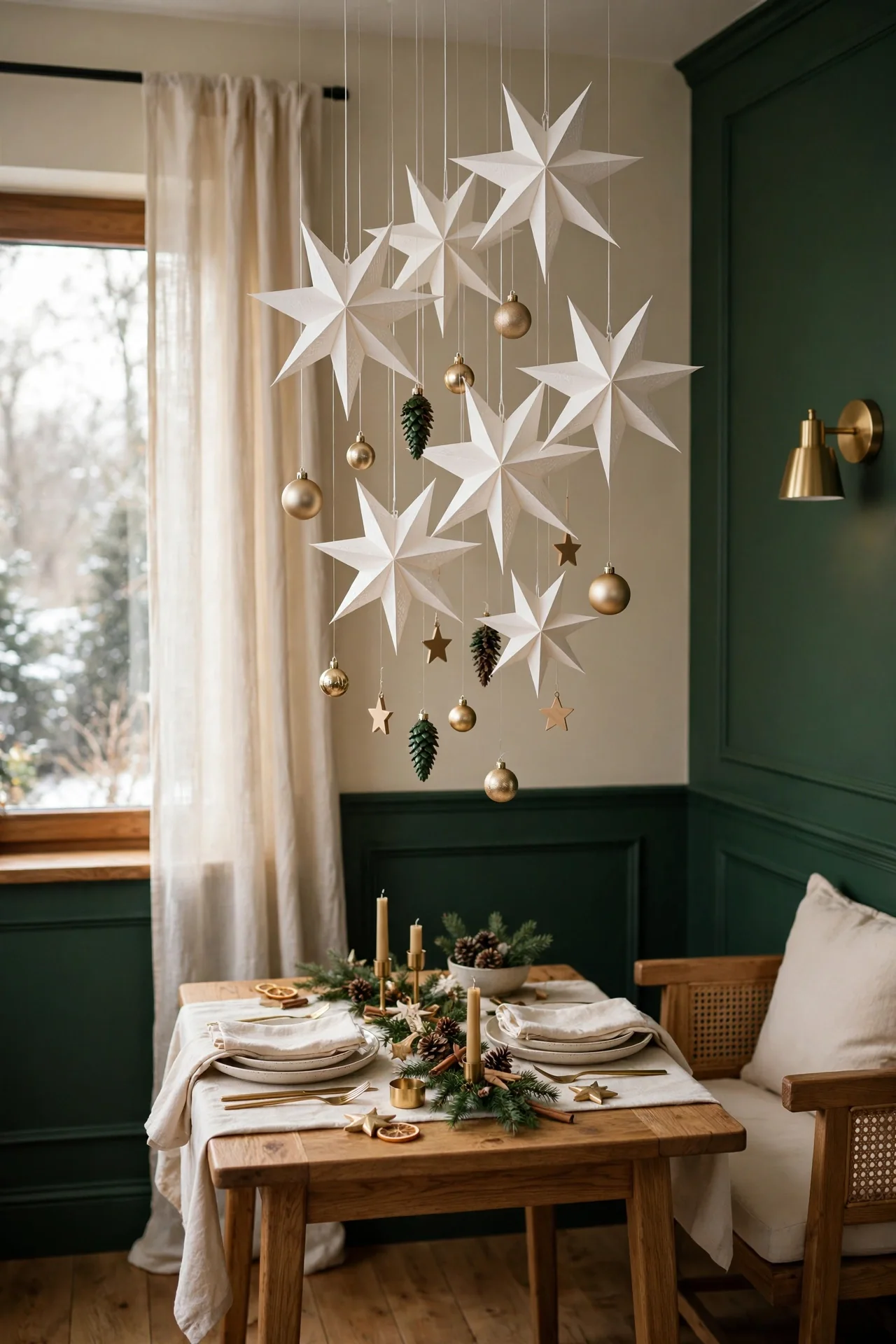 hanging paper stars above small dining table