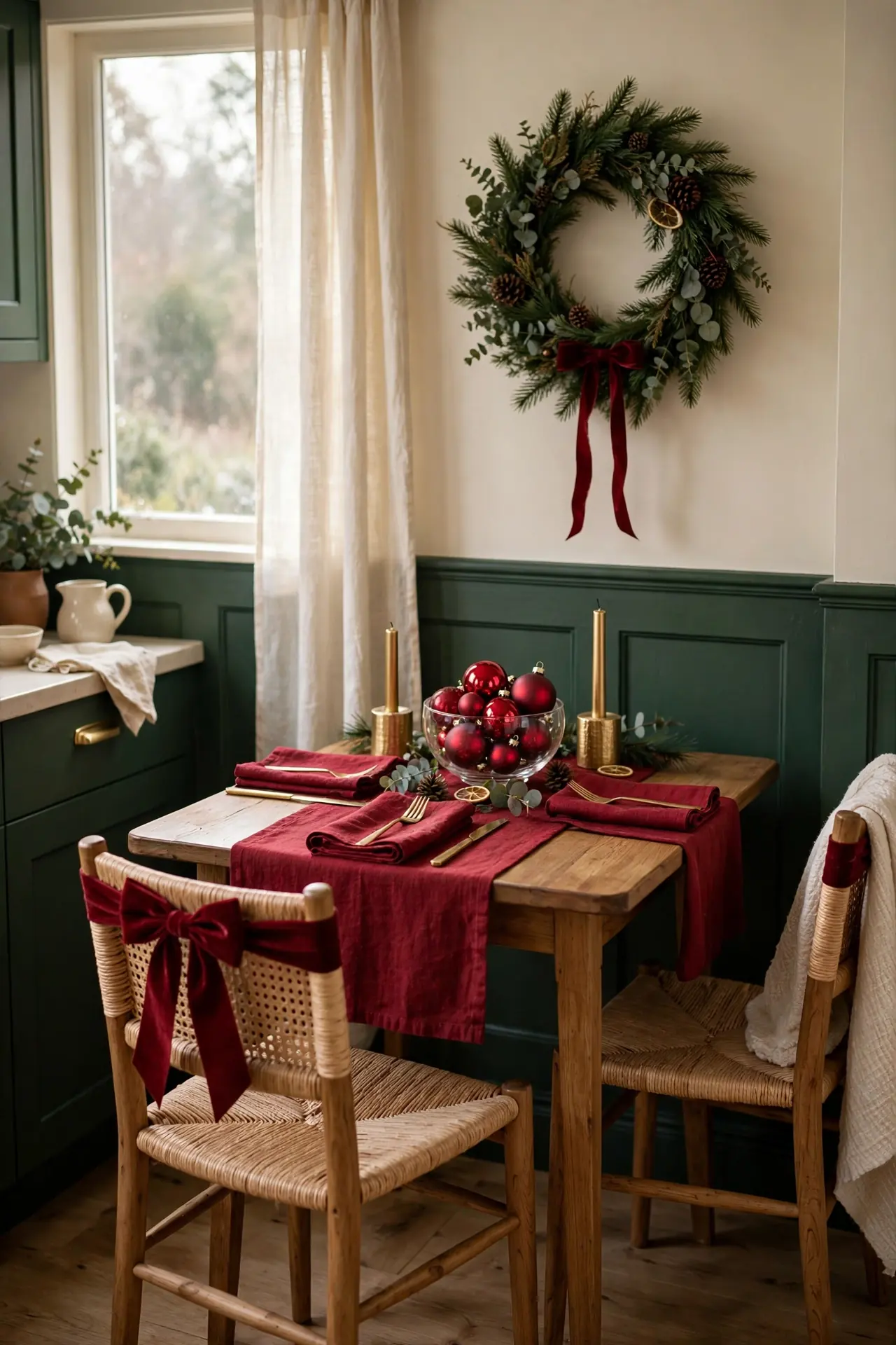 red accent color small dining room christmas decor