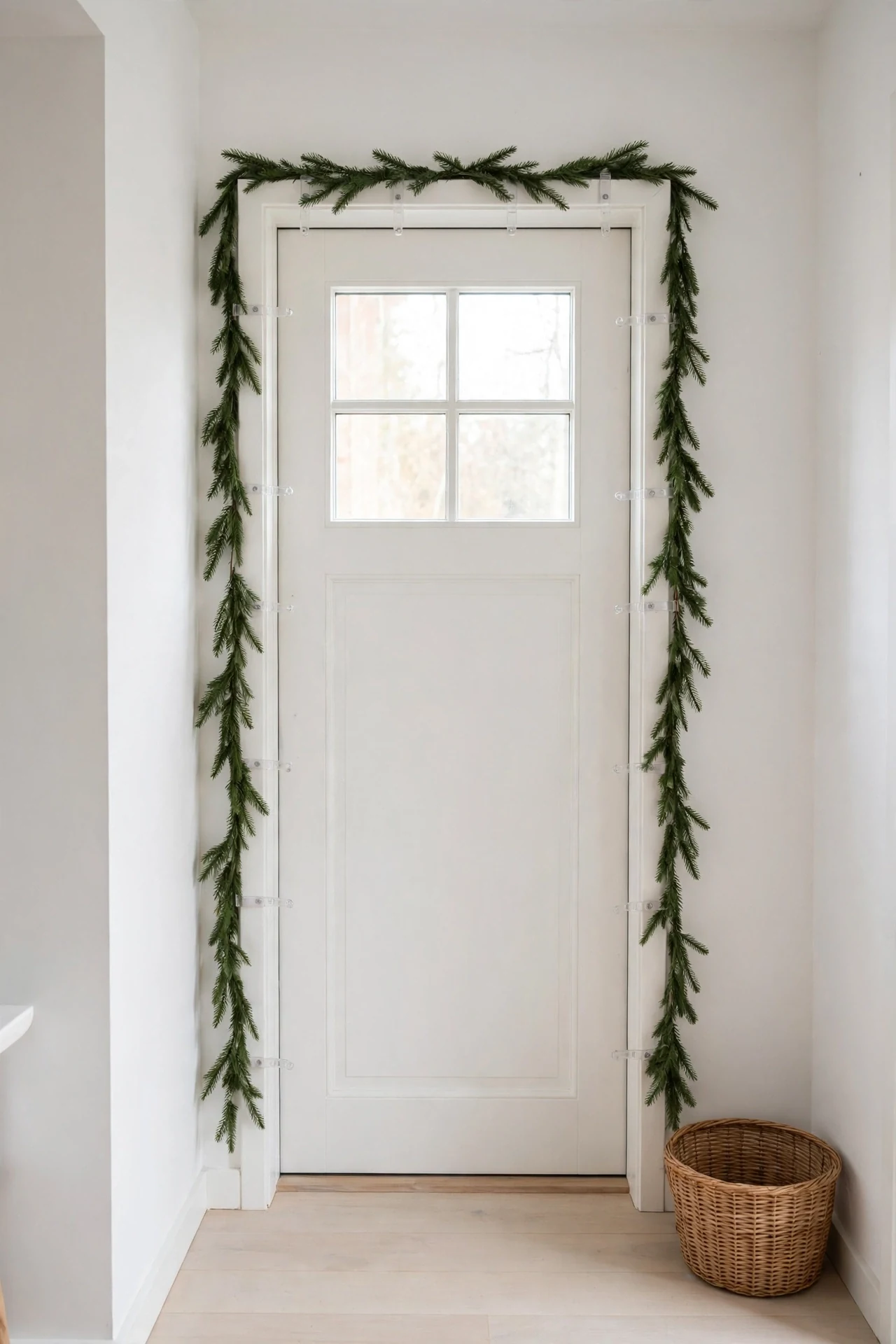 christmas garland around front door frame inside