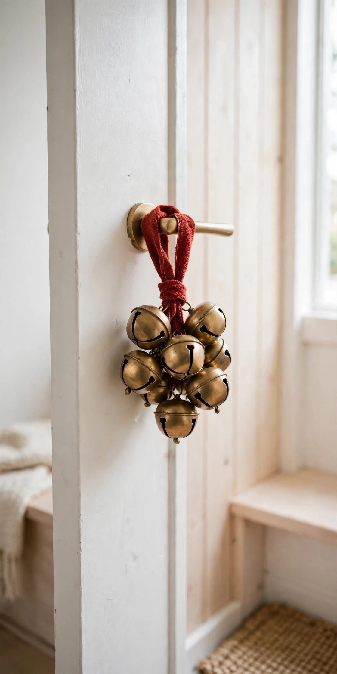 jingle bells on door handle christmas entryway