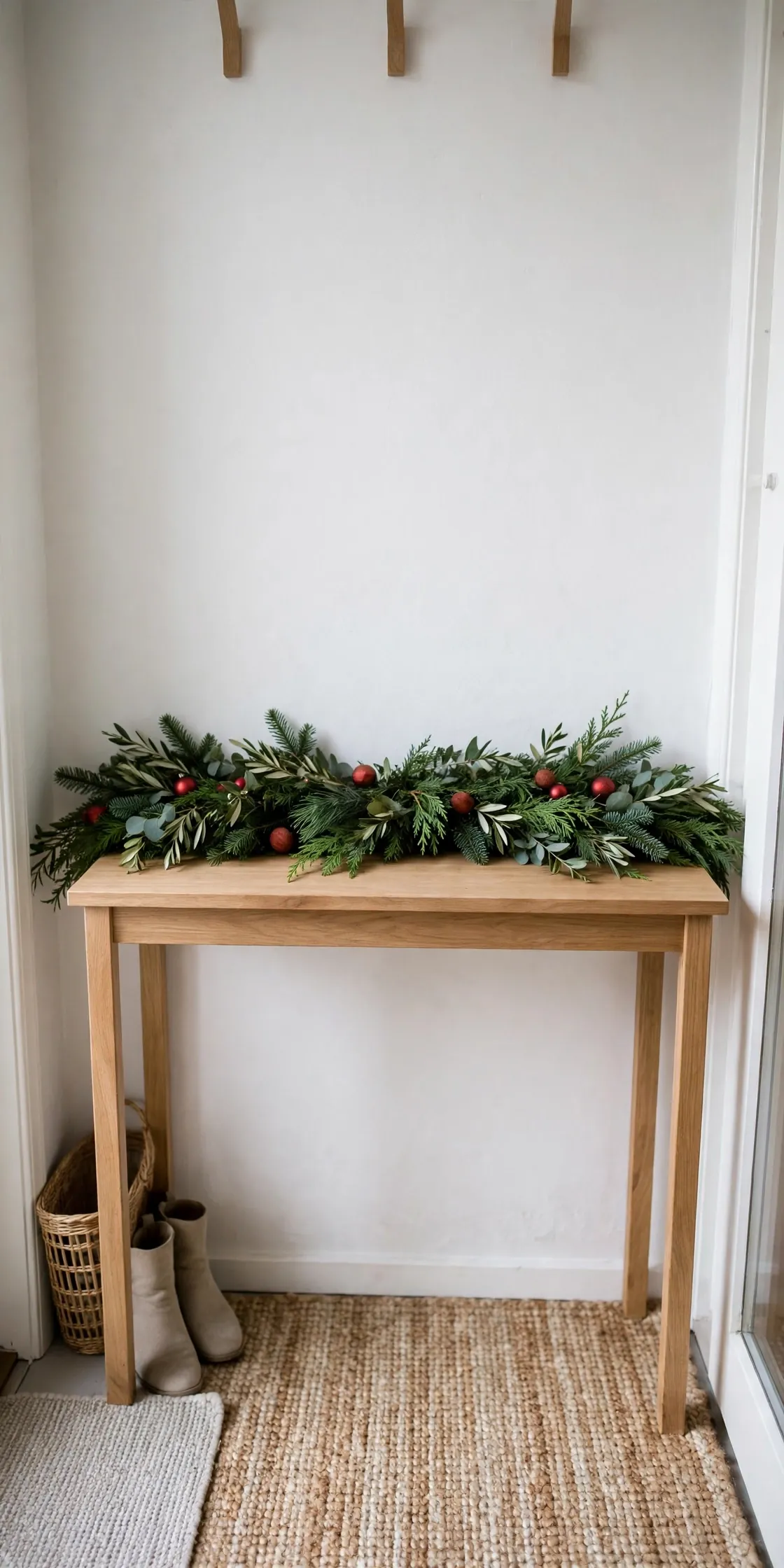 greenery runner on entryway console table