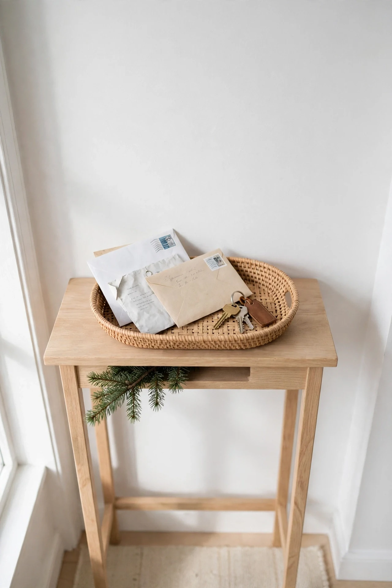 entryway tray keys mail christmas styling