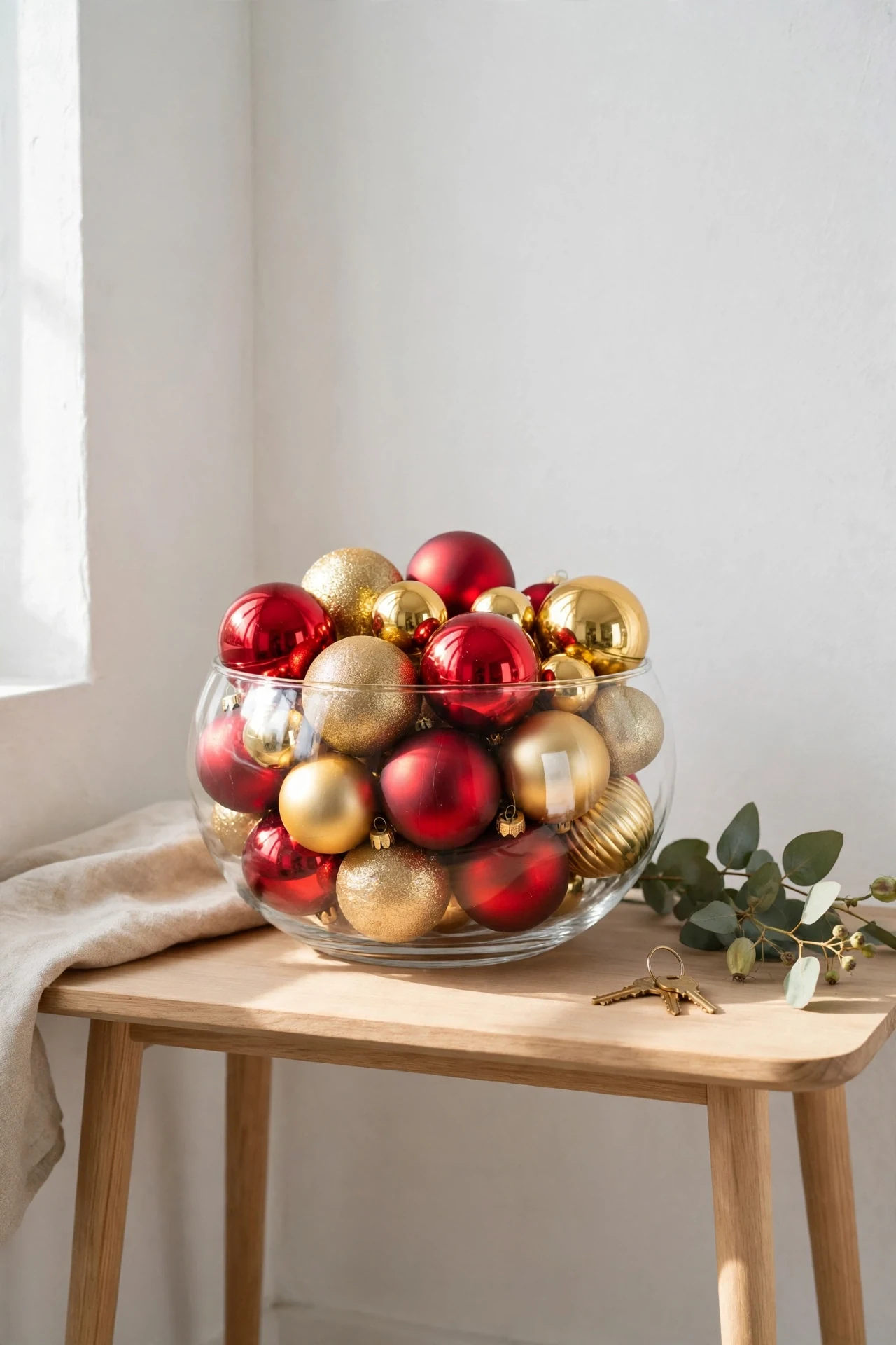 bowl of christmas ornaments entryway table