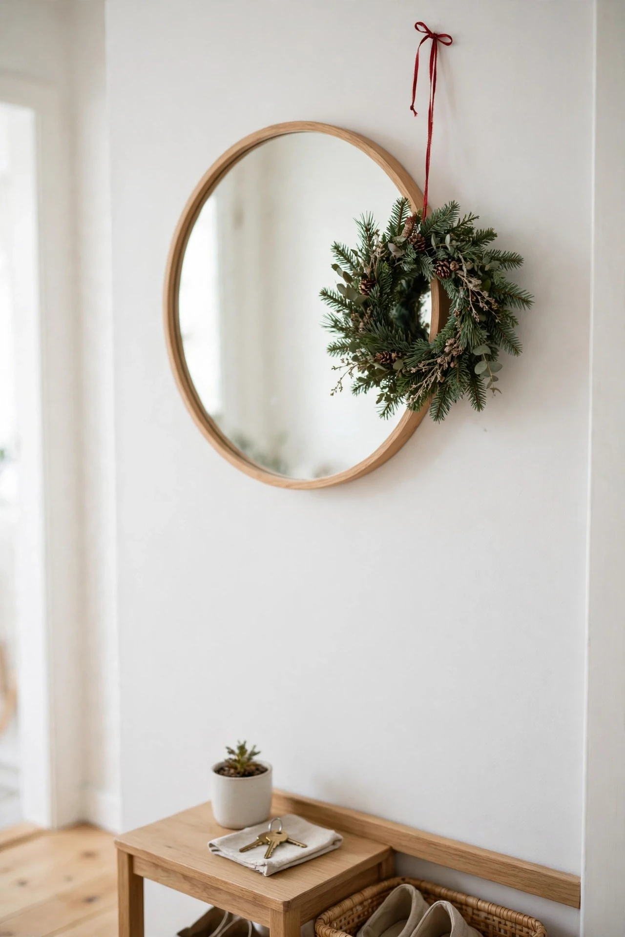 small entryway mirror with mini christmas wreath