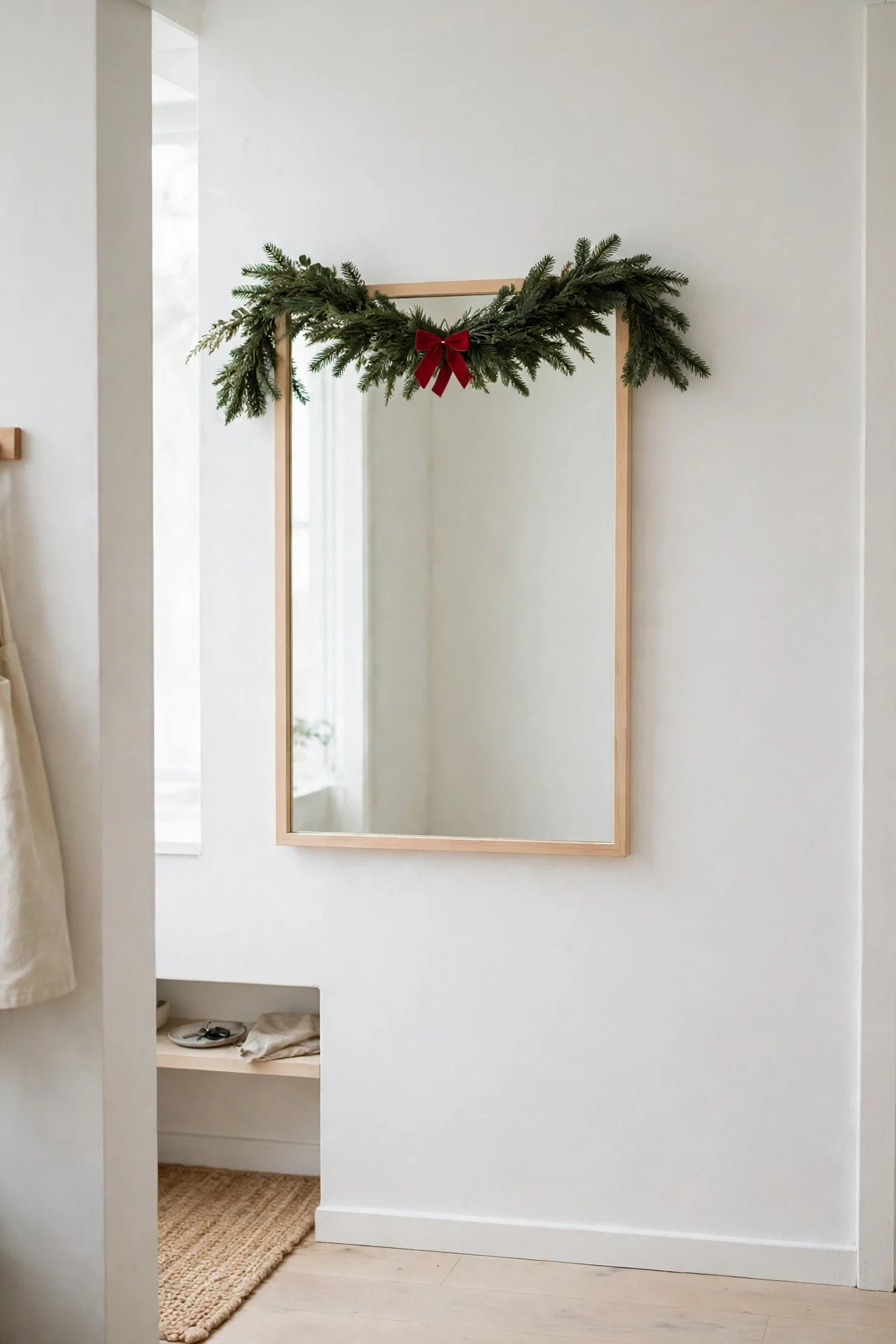 garland draped over entryway mirror frame