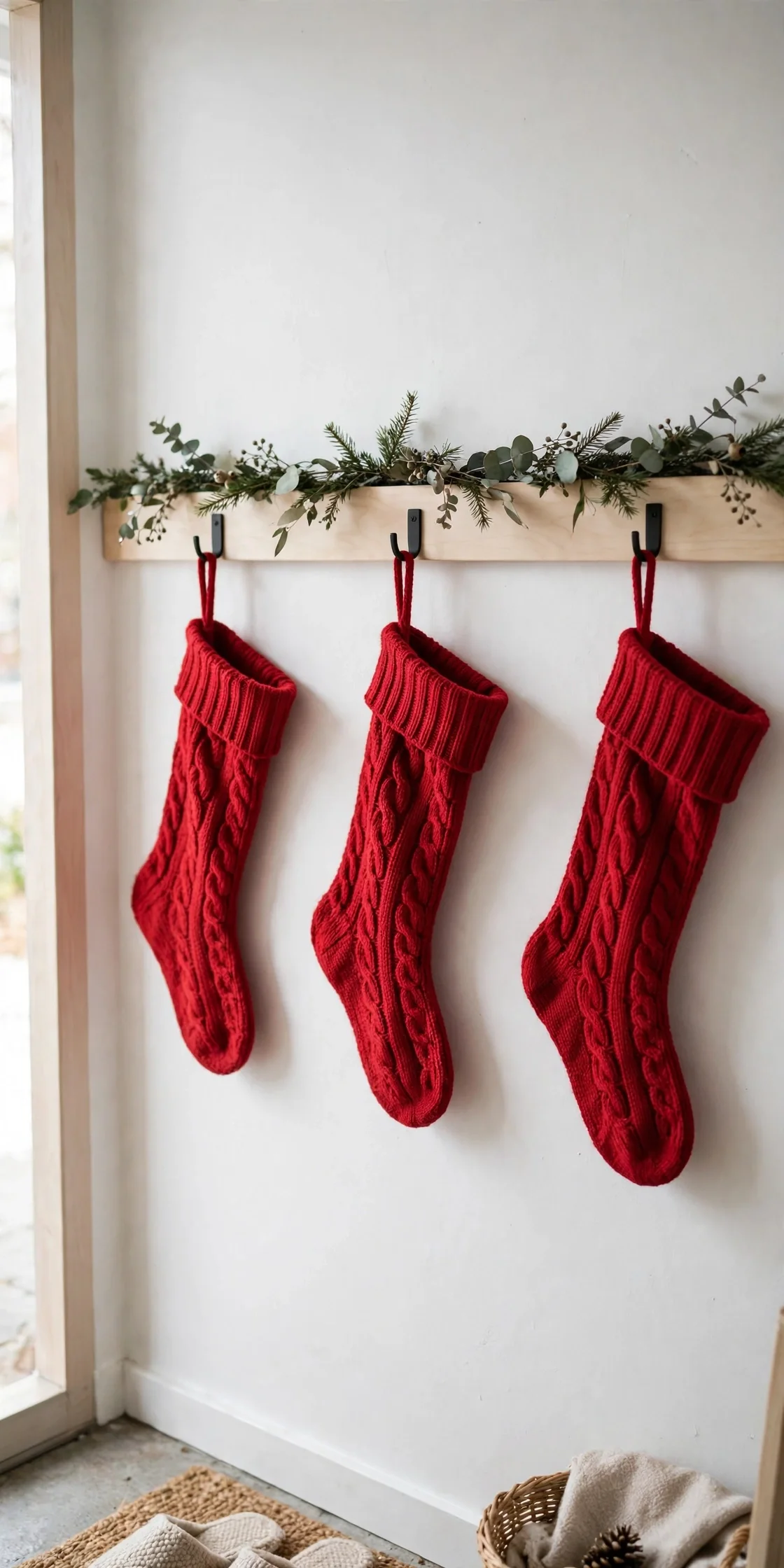 stockings hanging on wall hooks entryway no mantel