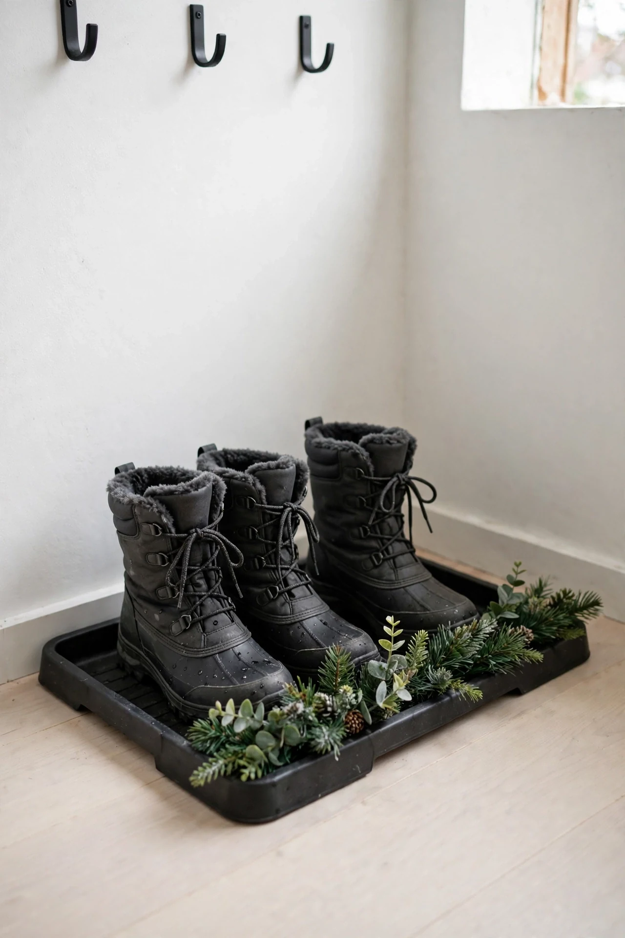 boot tray with greenery christmas entryway