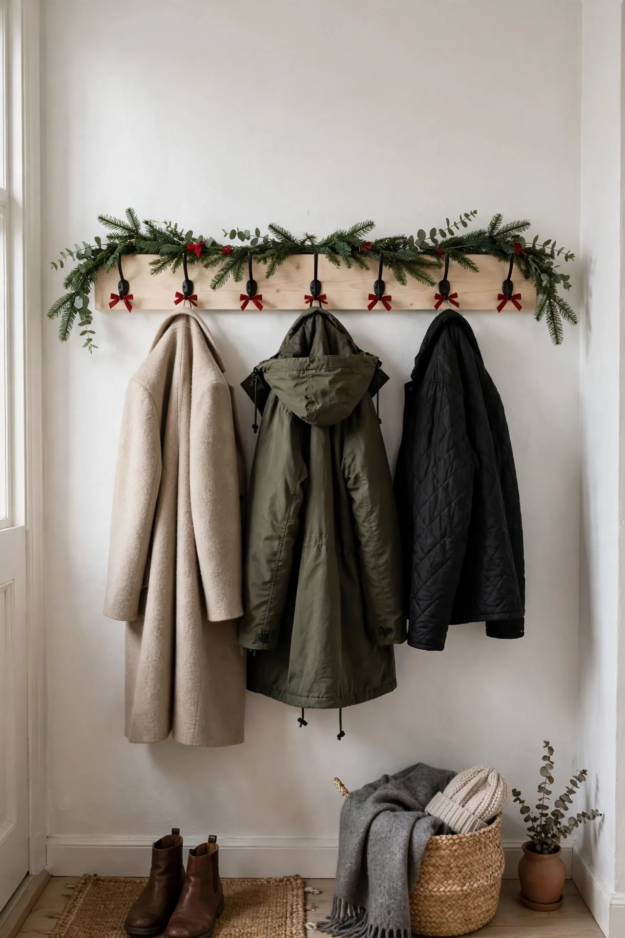 coat hooks row garland swag entryway
